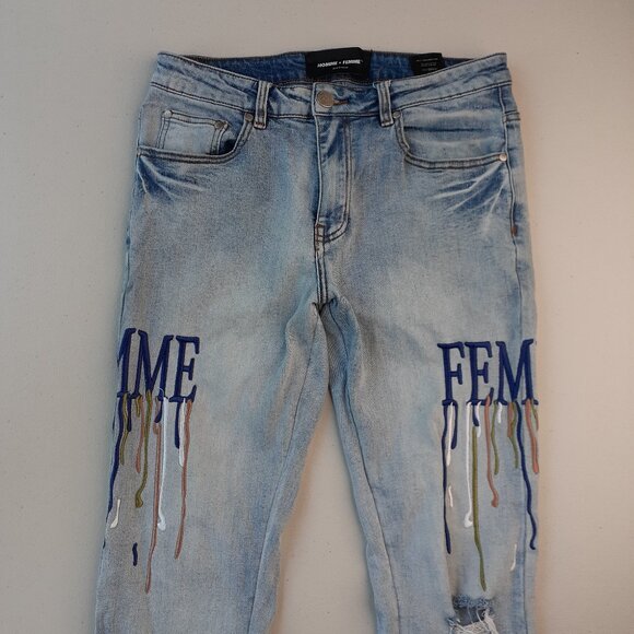 Homme + Femme Size 30 Letterman Drip Embroidered Distressed Denim Blue Jeans - Picture 11 of 11